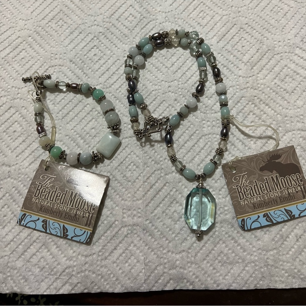 Aqua Blue Natural Stones from beaded Moose  set of necklace and bracelet